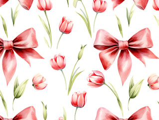 Obraz premium eamless Watercolor Tulip Floral Pattern with Elegant Ribbons