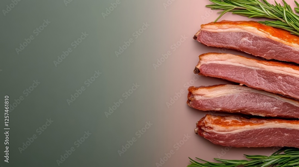 Poster close up of four slices of bacon on a table. the bacon is cut into thin strips and is surrounded by 