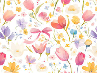 Obraz premium Seamless Watercolor Tulip Pattern with Pink Bows