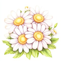 Delicate Watercolor Clipart of White Daisies with Yellow Centers on White Background - Photorealistic Floral Artwork