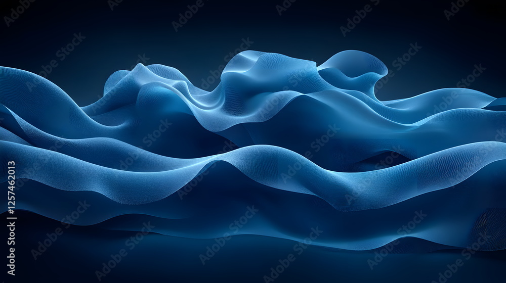 Poster undulating blue fabric waves flowing gracefully on a dark background creating a serene abstract comp
