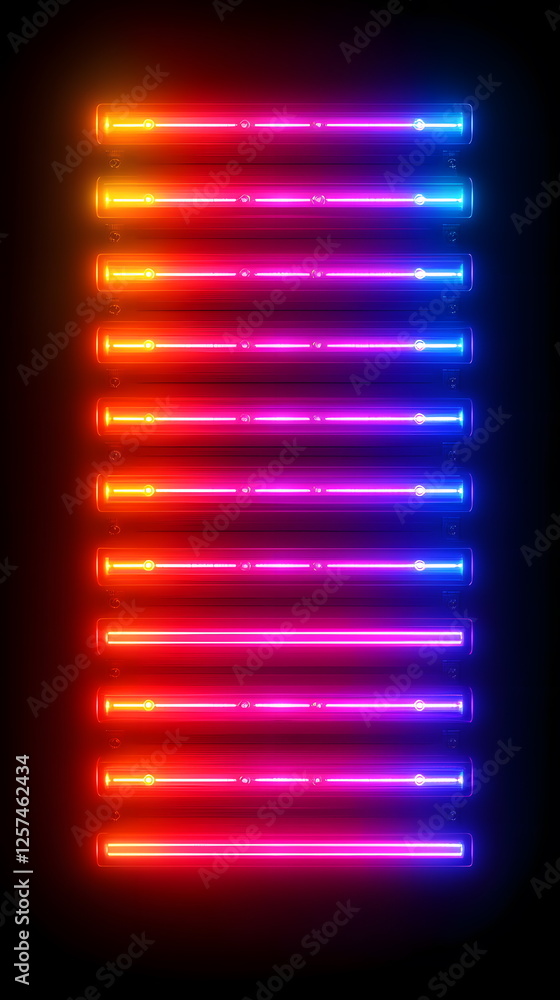 Poster colorful neon lights arranged vertically in a gradient pattern against a dark background illuminatin