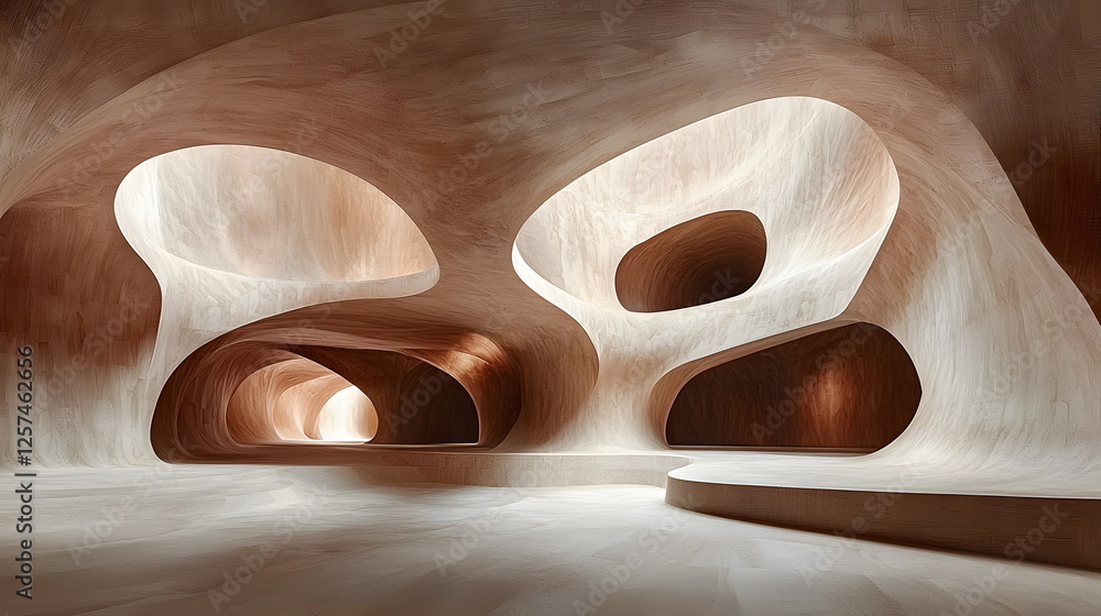 Aufkleber curved organic architecture interior design with soft lighting and abstract shapes creating a tranqu
