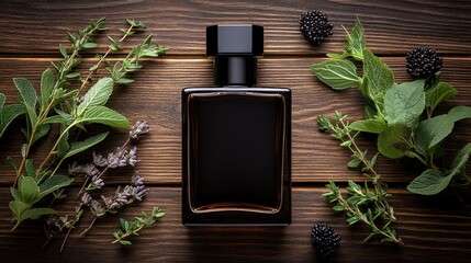 Dark perfume bottle surrounded by herbs on rustic wood