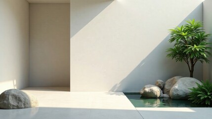 Serene Minimalist Courtyard Design Featuring a Small Reflecting Pool and Lush Greenery