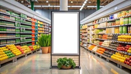 Blank advertising display mockup in supermarket aisle