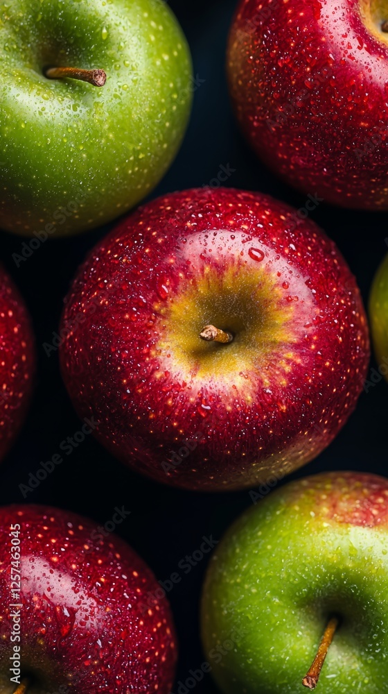 Poster close up of a bunch of apples, one of which is green. the apples are wet and shiny, and they are arr