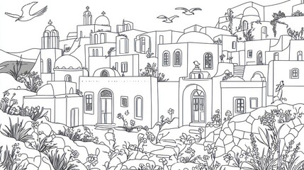 Obraz premium Greek Island Village Coloring Page Coastal Town, Mediterranean Sea, Birds, Plants