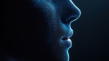 Close-up of a digital human face made of glowing dots. Concept of AI, deep learning, and futuristic technology
