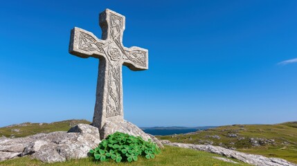 St Patrick's Day Irish Celebration. A carved Celtic cross stands on a rocky hilltop against a bright blue sky, surrounded by lush greenery and overlooking the sea.