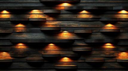 Dark wood wall shelves with warm lighting