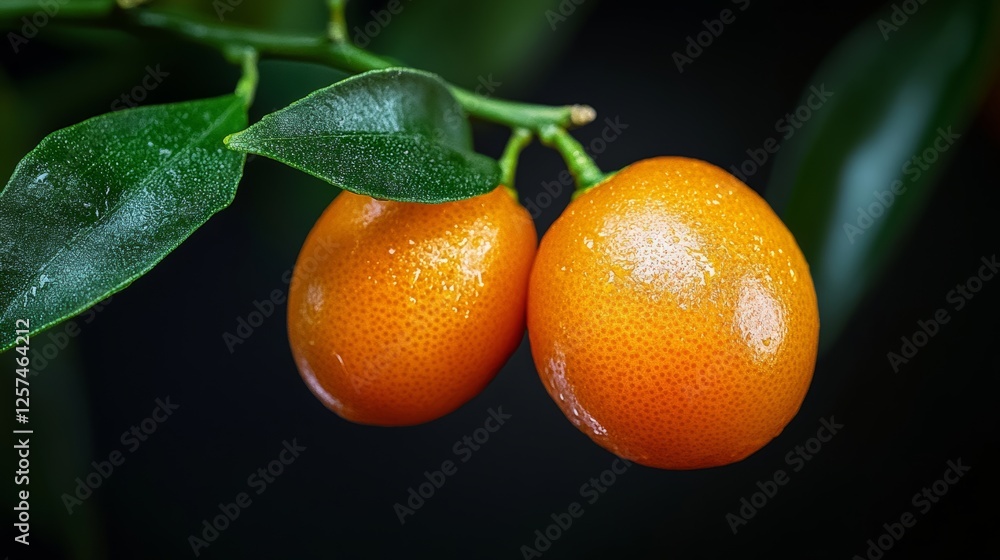 Poster two oranges hanging from a tree branch. the oranges are wet and shiny. the leaves are green and the 