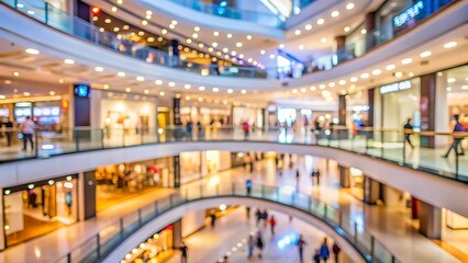 Fototapeta premium Blurred interior of a modern shopping mall with lights and customers