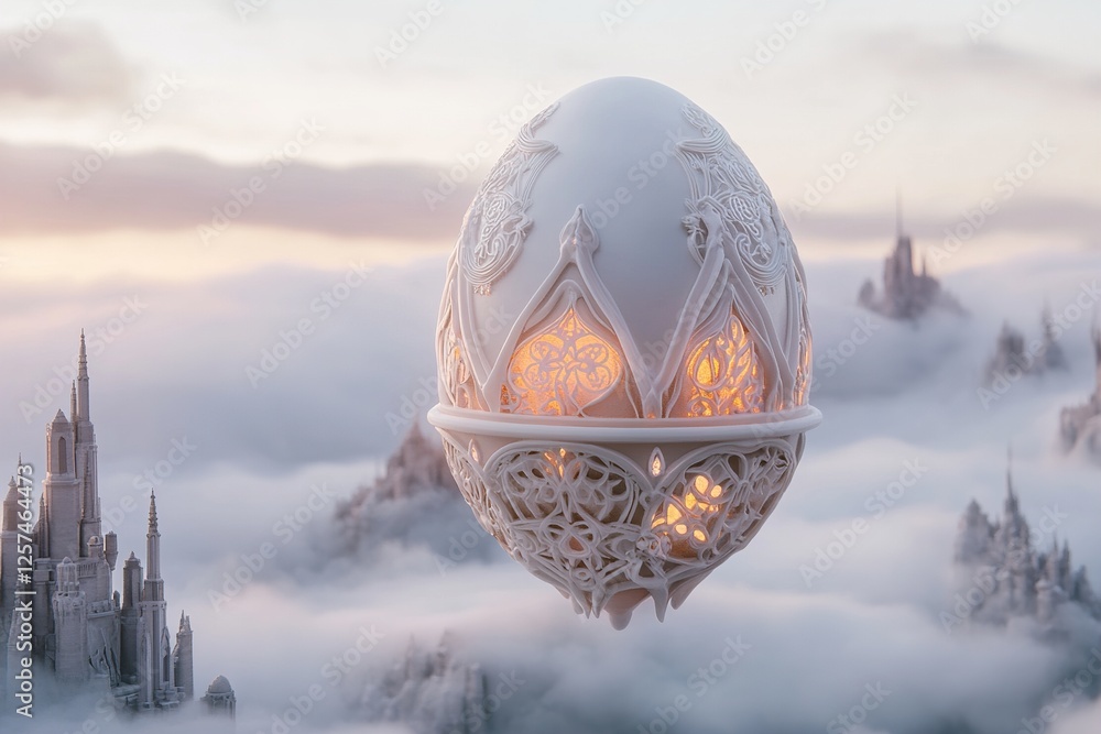 Poster a giant easter egg, adorned with glowing intricate patterns, drifts gently above a dreamlike landsca