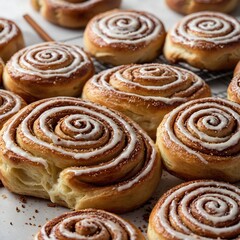 Fototapeta premium Fresh cinnamon rolls straight from the oven, their aroma almost visible, on a white backdrop.