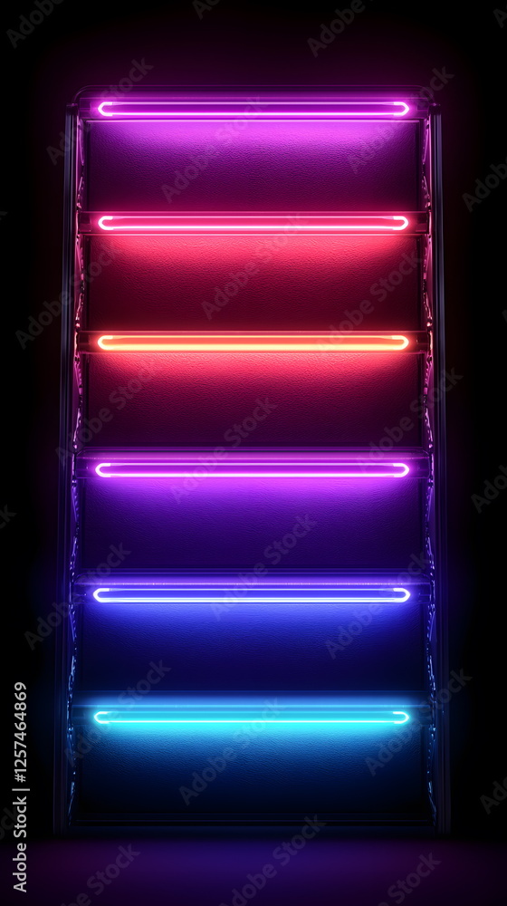 Poster neon lights glowing in various colors arranged in horizontal rows against a dark background.