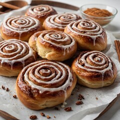 A tray of freshly baked cinnamon buns, the steam rising, on a white background.