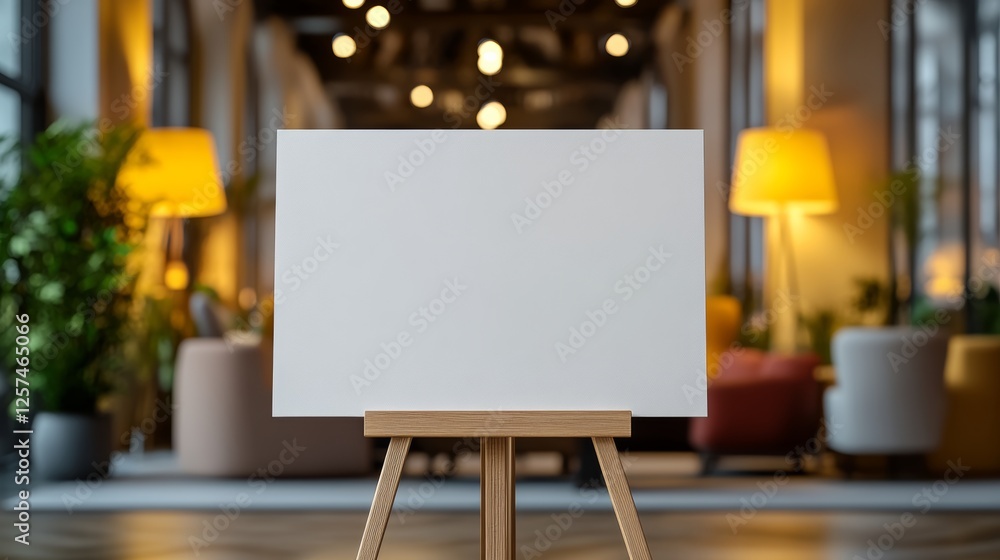 Poster white board is on a stand in a room with a yellow light. the room has a modern and minimalist design