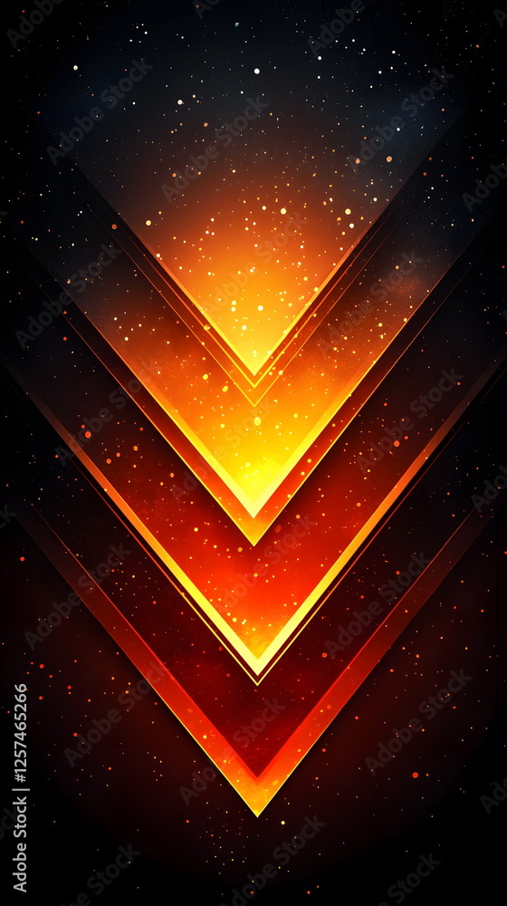 Poster bright orange and yellow abstract geometric pattern with shimmering particles and dark background.