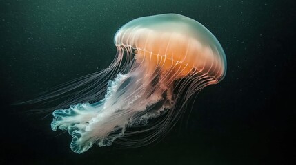 Naklejka premium Oceanic jellyfish swimming, dark background, underwater life