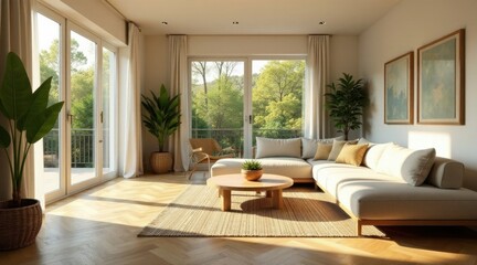 Fototapeta premium Sunlight streams through floor-to-ceiling windows illuminating a modern living room with a light beige sectional sofa and jute rug