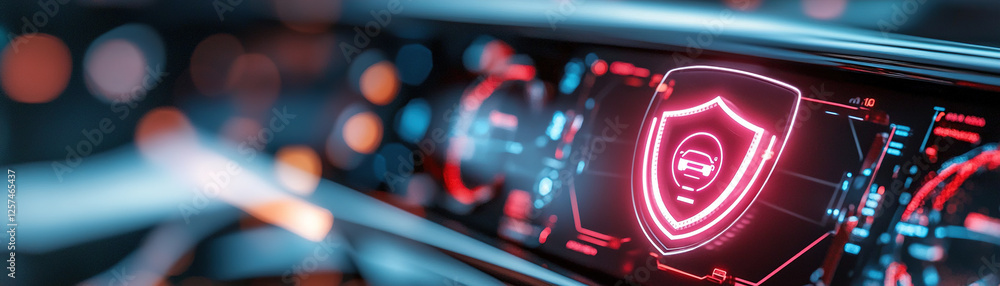 Poster a sleek dashboard illuminated with soft light features a transparent security shield icon, represent