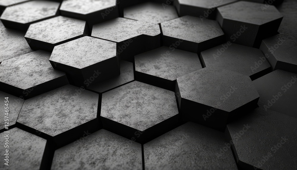 Poster dark grey textured hexagonal blocks form a repeating pattern. ideal for backgrounds, tech, or indust