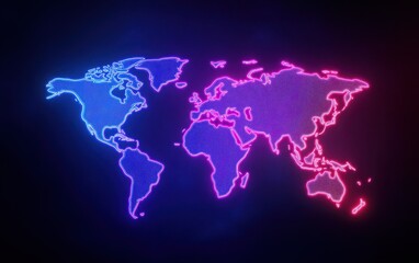 Futuristic Neon Map: A sleek digital world map with glowing neon blue and magenta global network connections, symbolizing data transfer and advanced connectivity. 
