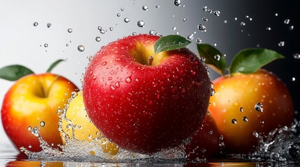 Red apple is surrounded by water droplets, with a green leaf on top. Concept of freshness and vitality, as the apple appears to be in the midst of a splash of water