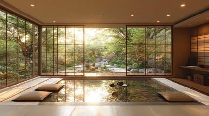 Serene indoor pool reflecting sunlit garden