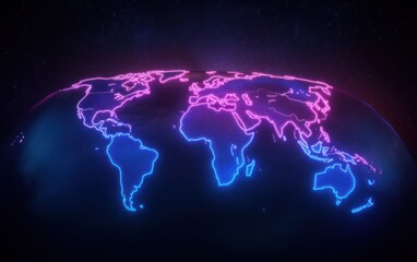 Futuristic Neon Map: A sleek digital world map with glowing neon blue and magenta global network connections, symbolizing data transfer and advanced connectivity. 