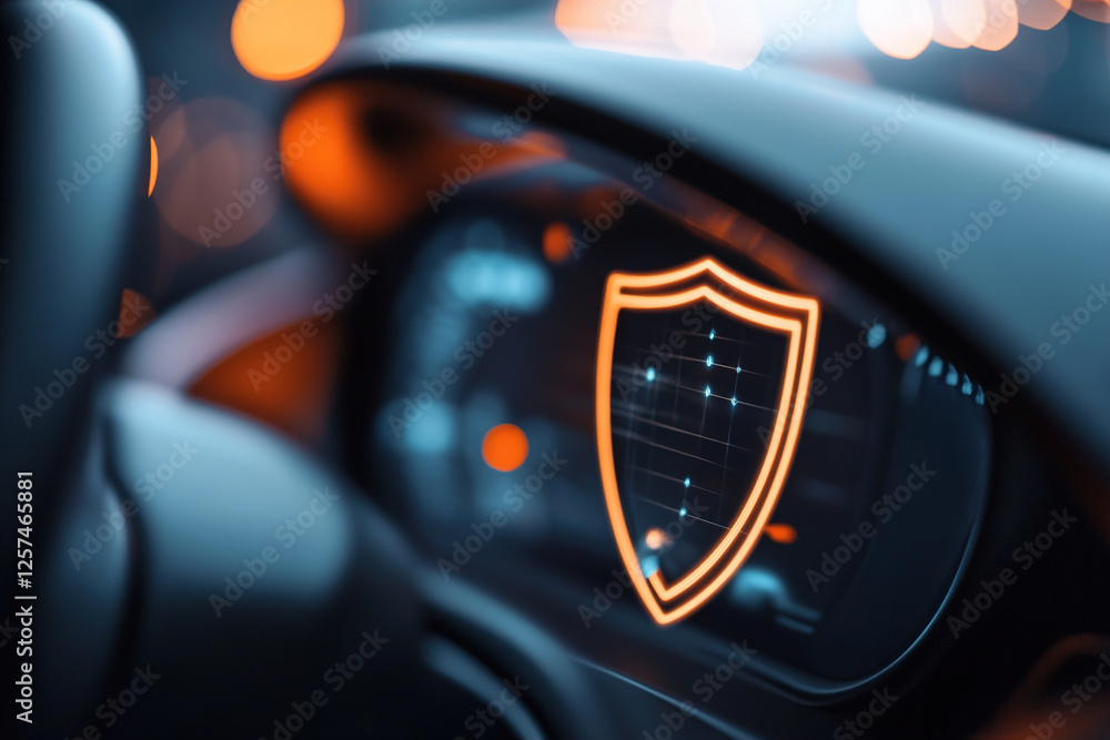 Poster a contemporary dashboard illuminates softly, displaying a floating transparent security shield symbo