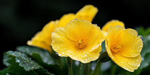 Yellow flowers with water droplets, vibrant floral detail against a dark background