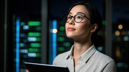 Young IT specialist in data center holding tablet. Concept of cybersecurity, cloud computing, and modern technology