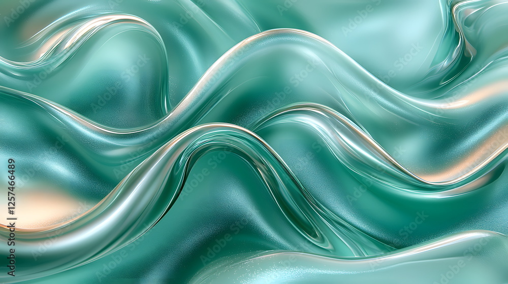 Poster flowing turquoise fabric creating elegant waves under soft lighting in a minima background.