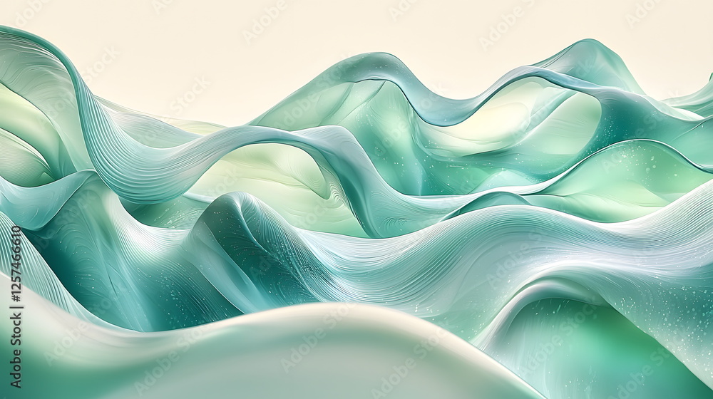 Poster luminous teal waves gently undulating in a soft, abstract landscape with flowing forms and gradients