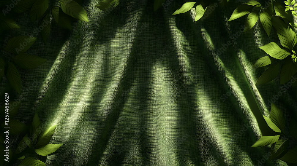 Poster lush green leaves casting intricate shadows on a textured fabric surface illuminated by soft light.