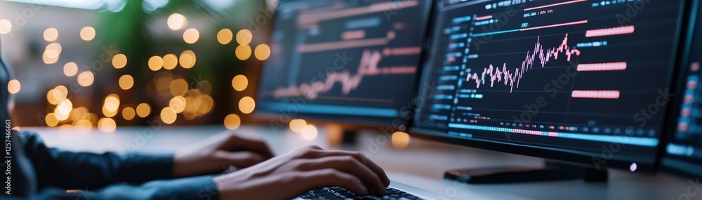 Poster traders analyze market data at a sleek trading desk. monitors show blurred line graphs of stock tren