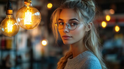 Blonde woman wearing glasses near warm lights