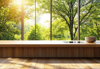 Modern kitchen, sunlit forest view, wood counter, bowls