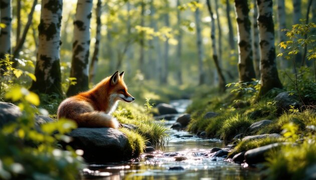 Tranquil red fox resting by a forest stream in sunlit birch woodland