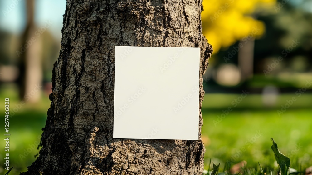 Poster white sign is attached to a tree trunk. the sign is blank, which suggests that it is meant to be fil