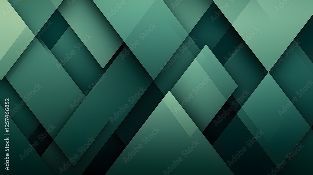 Poster geometric abstract design with overlapping triangles and rectangles in shades of green and blue tone