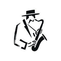Minimalist black and white hand-drawn saxophone player art © Victoria