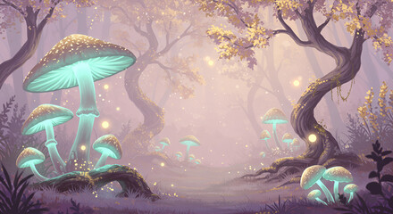 Enchanted forest with glowing mushrooms and floating orbs, soft pastel tones, desaturated, digital painting