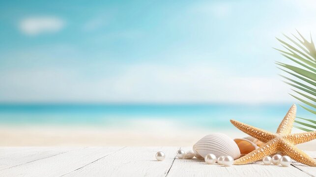 A starfish, shells and pearls on a wooden table on the beach