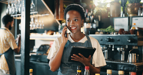 Business owner, phone call and woman in restaurant, tablet and communication with online order. Contact us, manager and employees in cafe, cellphone and tech to confirm booking and customer service