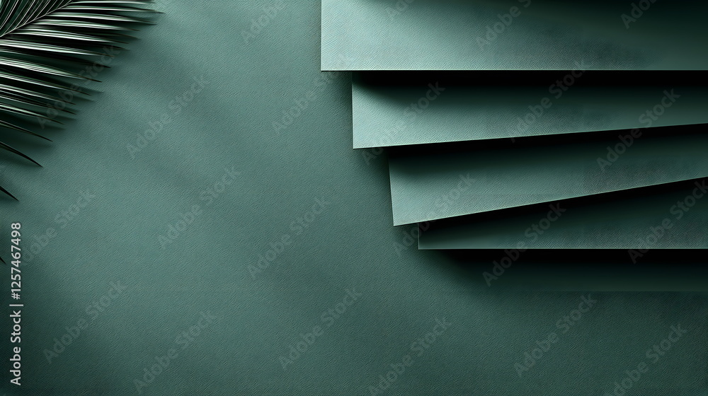 Poster green background with layered paper sheets and a palm leaf creating a modern aesthetic vibe.