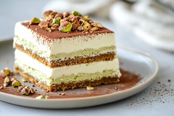 A delectable dessert features layers of rich pistachio cream and mascarpone between espresso-soaked biscuits, topped with chopped nuts and cocoa powder for a unique twist on tiramisu