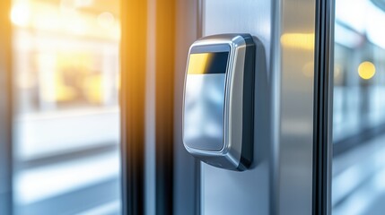 Electronic access control system mounted on a glass door with sunlight reflection. Security, smart home, modern workplace safety.